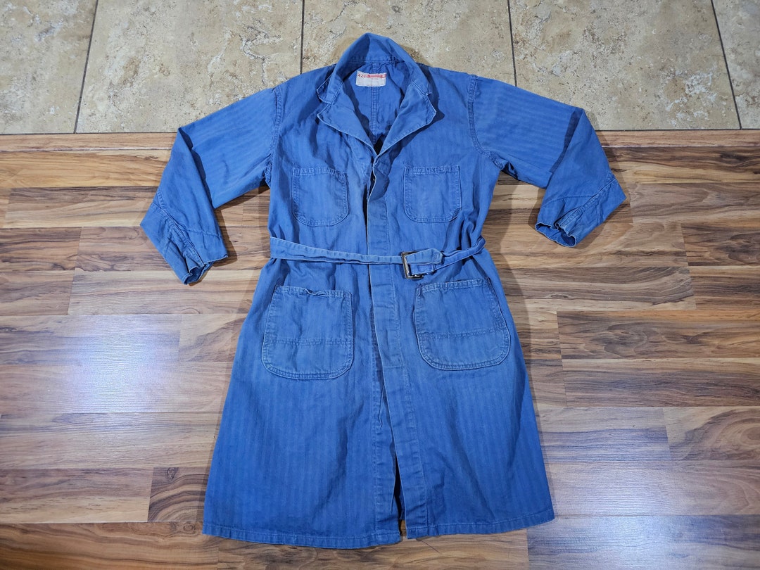 Vintage HBT Blue Shop Work Coat Jacket Belted Sz 42 Cleveland Work Wear ...