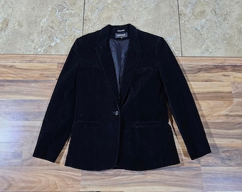 Vintage mujeres Domino terciopelo terciopelo tipo tela Blazer Sport Coat chaqueta 1 botón Sz 10 negro