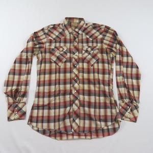 Pilgrim Westerner Pearl Snap Shirt Western Cowboy Rockabilly Beige Black Rust Plaid Sz 15L 1950s/60s