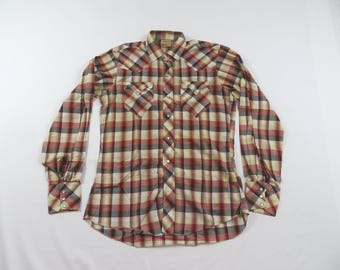 Pilgrim Westerner Pearl Snap Shirt Western Cowboy Rockabilly Beige Black Rust Plaid Sz 15L 1950s/60s