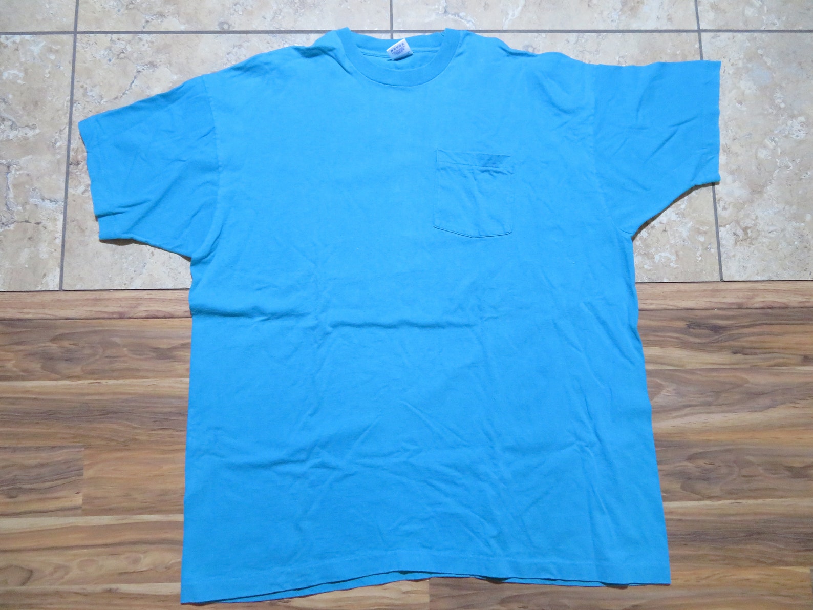 Vintage Plain Blank Pocket T-shirt Minimalistic Aqua Made in - Etsy
