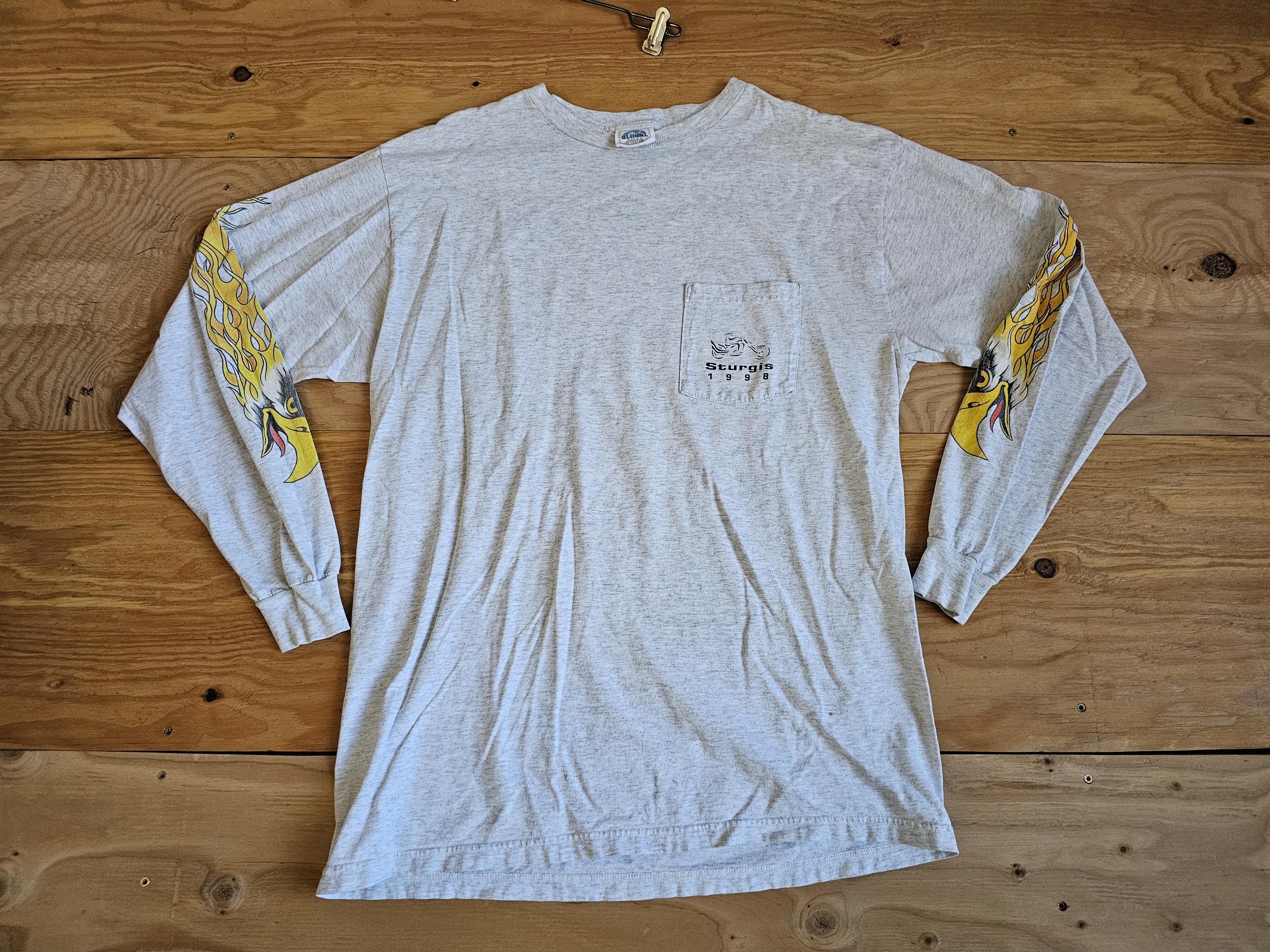 Vintage Sturgis 1998 Long Sleeve Gray Orange Flames Eagle Motorcycle Double Sided Pocket T-shirt Graphic Sz XL