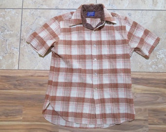 Vintage Pendleton Wolle Flanell Hemd Braun Rost Beige Karo Button-Up Kurze Ärmel Made in USA Gr l