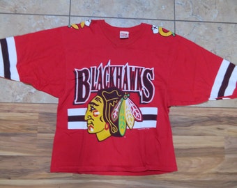 Vintage Chicago Blackhawks NHL Jersey-Style T-Shirt Front Mascot Red White Gold Team Rated Brand Made in USA Sz L