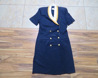 Vintage Womens Sailor inspired Dress Danny & Nicole of  New York Navy Blue White Gold Double Breasted  Button Up Front Kick Pleat  Sz M?