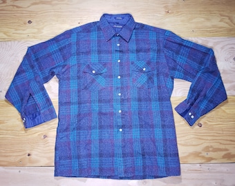 Vintage Van Heusen Winterweights Long Sleeve Flannel Acrylic Shirt Sz L Green Purple Plaid