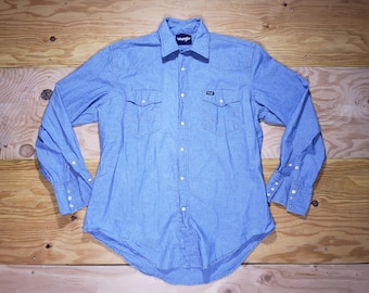 Wrangler Blue Pearl Snap Cowboy Western Cotton Shirt Sz L Chambray Style