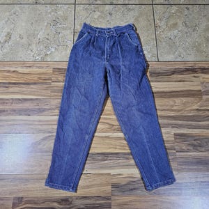 Vintage Tour De France damesjeans met krijtstreep, middelblauw met gulp, gemeten 25 x 27 hoge taille