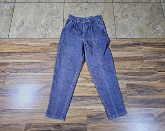 Calça jeans feminina vintage Tour De France com risca de giz azul médio e fecho de zíper, tamanho 25x27, cintura alta.