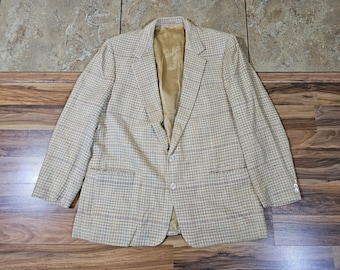 Vintage Neiman Marcus Sandhurst Blazer Sport Coat Jacket Plaid 2 Button Sz 46? Rockabilly Style Beige With Blue Stripe