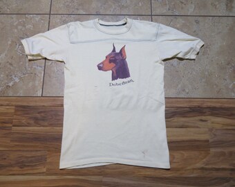 Vintage 1970s Doberman Dog Graphic Ivory Cream Beige Colored Ringer T-shirt Sz M? Puppy Doggy