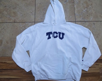 Vintage TCU Hoodie Sweatshirt Texas Horned Frogs White Purple Champion Brand Sz XL?