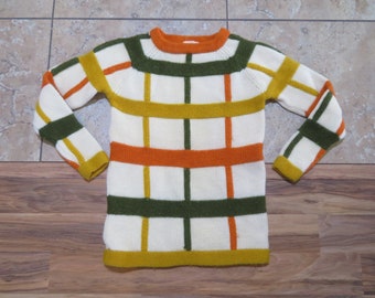 Vintage Catalina Ventana Panel Levantado Tela Rayada Suéter 1960 era Marfil Blanco Verde Marrón Amarillo Sz 36 Lana Colonia de la Corona Británica