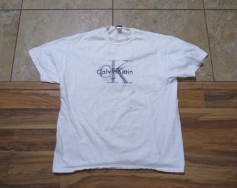 Vintage Calvin Klein Jeans Embroidered White Gray Black T-shirt Sz XL 1990s CK