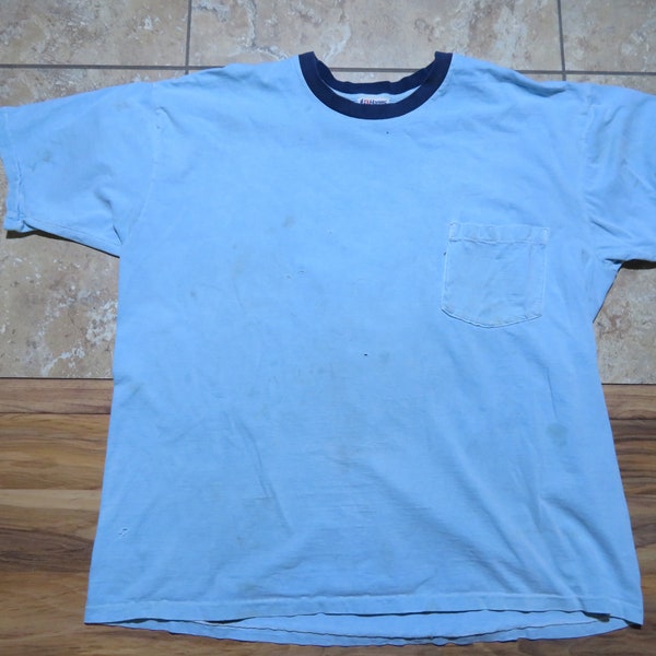 Vintage Hanes Blank Plain Ringer Pocket T-Shirt Blue Minimalistic Punk Hipster Sz XL