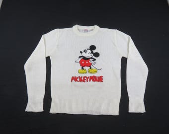 Mickey Mouse Sweater, Disney Character Fashions, Knit Ivory Red Black Sz L 1980s
