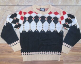 Vintage Studio One by Campus Sweater Pullover Black Beige Maroon Made in USA Acrylic? Sz M Diamond Pattern
