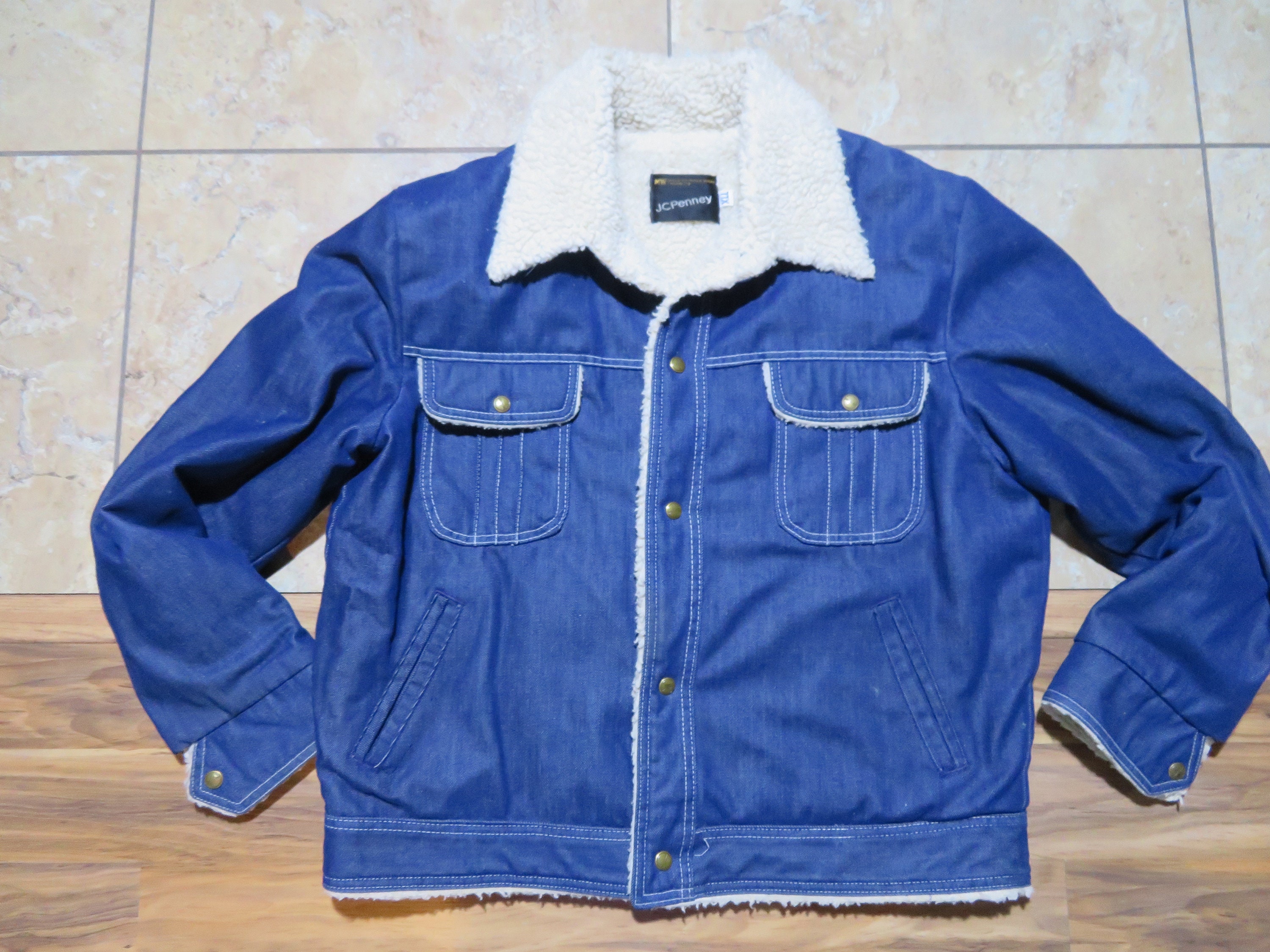 Vintage JC Penney Sherpa lined Denim Jacket Dark Wash Blue Denim Twill Beige Lining Snap up Sz XL L Etsy