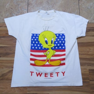 Vintage American Flag Tweety Bird Looney Tunes 1990s Camiseta de manga corta Sz L-XL? ¿De las mujeres? Blanco Rojo Azul 4 de julio Patriótico