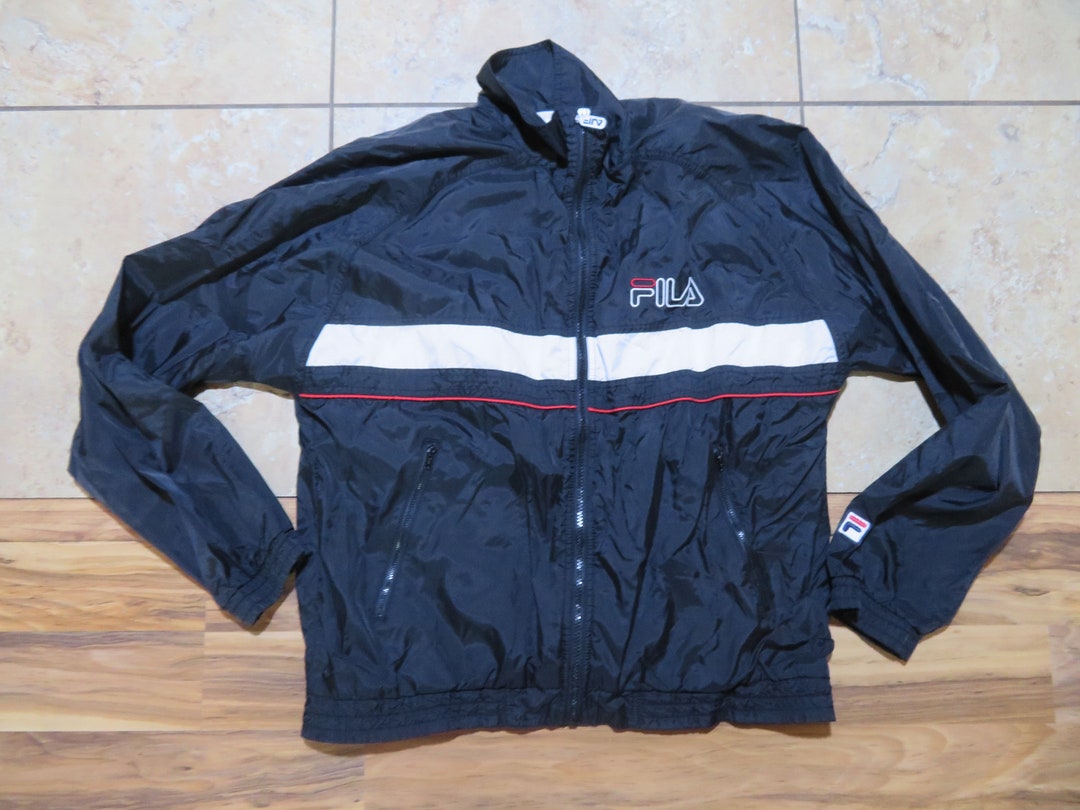 VTG Fila Track-Style Jacket Mesh-Lined Black White Zip Front Sz M