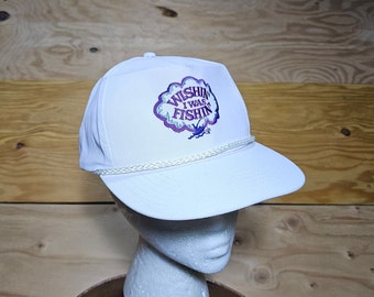 Vintage Wishing I was Fishing Cap Hat Golf Rope Trucker Baseball Style White Purple Blue One Size Adjustable Snapback