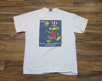 Vintage 1999 Cartoon Style American Eagle Holding a Torch Mt. Sac Relays Double sided Graphic Champion White T-shirt Sz L