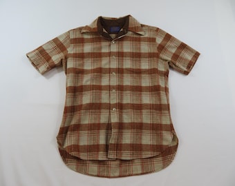 Pendleton Wool Flannel Shirt Brown Rust Beige Plaid Short Sleeve Sz L 1970s