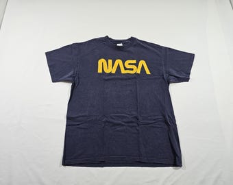Vintage NASA Spellout Blue Yellow Shirt Sz L Y2K Era Anvil Brand B10
