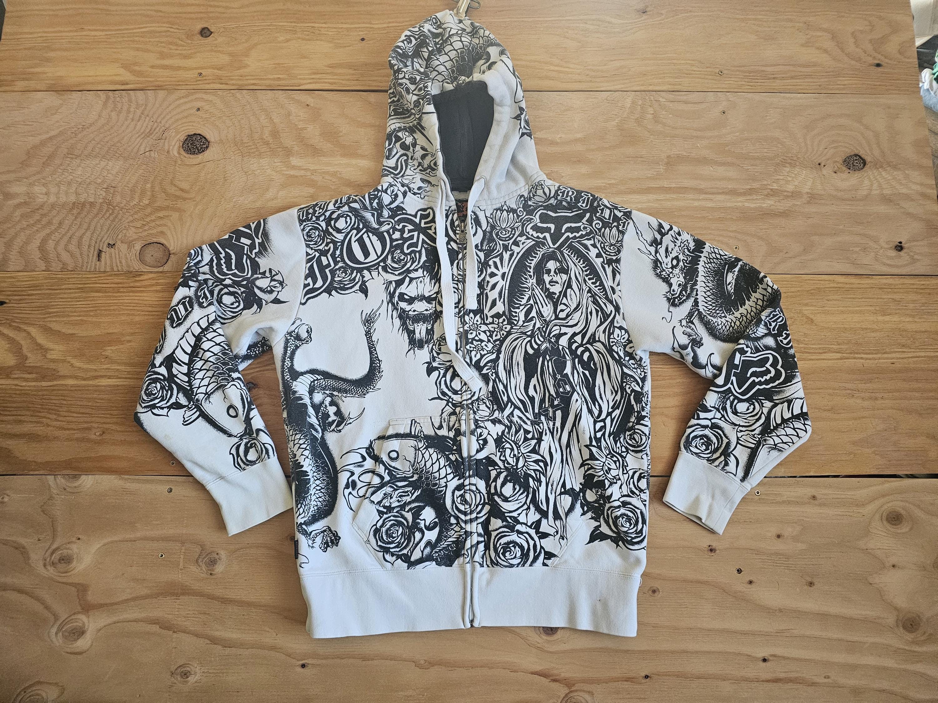 Y2K Fox Racing White Black Zip up Hoodie Sweatshirt Sz L Skull