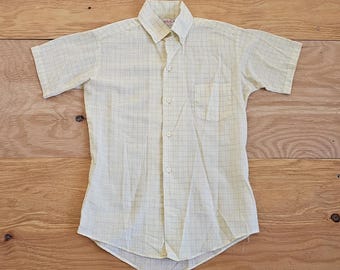Vintage 60s Sears Perma Press Kids Button Down Shirt Yellow with Blue Check Lines Sz 12