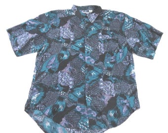 Hey Man Silk Shirt Abstract Hawaiian-Style Button-Up Black Green Gray Sz L 1980s