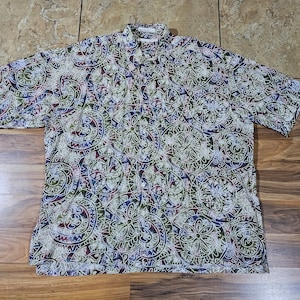 トップス 00s PERRY ELLIS art pattern silk shirt VTG Perry Ellis Men's 100% Silk L/S Button Shirt Colorful