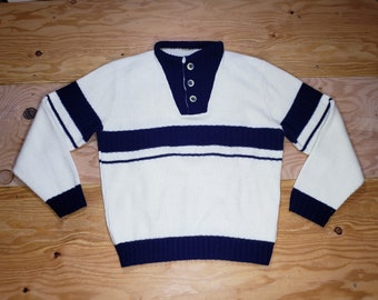 Vintage Sailor Naval Henley Style Knit Sweater Striped Navy Blue Beige Sz M-L? Yacht