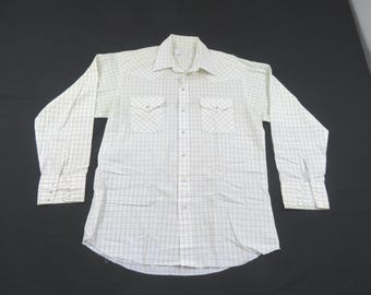 Pearl Snap Western Shirt Check Plaid Beige Green Long Collar Sz 16.5-35 1970s-80s