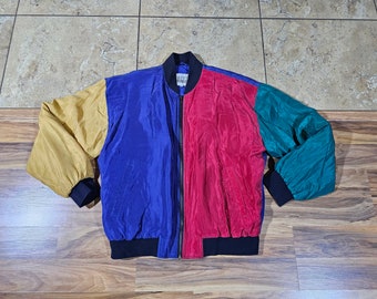 Vintage 80s City Streets Silk Bomber Jacket Blue Green Yellow Red Sz M Color Block Picasso Style