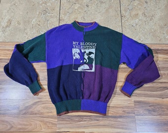 RARE! Vintage 90s My Bloody Valentine Colours By Alexander Julian Cotton Made in USA Knit Sweater Purple Green Blue White Color Block Sz XL