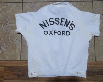 VTG 1950s Bowling Shirt Nissan&#39;s Oxford WHITE Black Button Empress Penquin Brand Munsingwear 34-36 Womens Rockabilly pin up