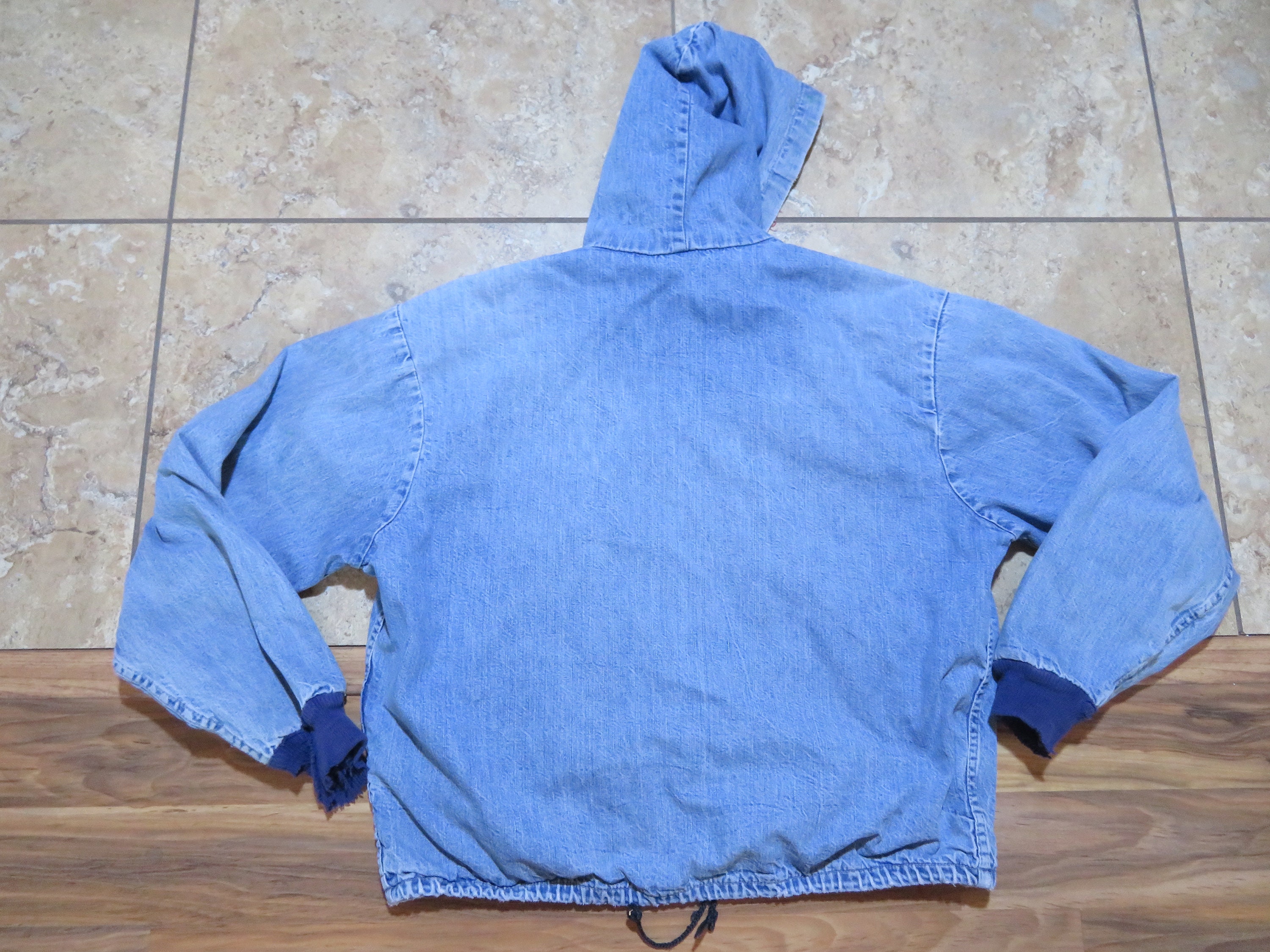 Vintage 1970s Carhartt Denim Hooded Jacket Red Lining Med Vintage 1970s Carhartt Denim Hooded Jacket Red Lining Med