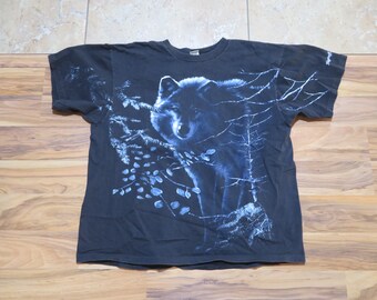 Vintage Wolf in Trees All Over Print AOP Black Blue T-shirt Sz L-XL