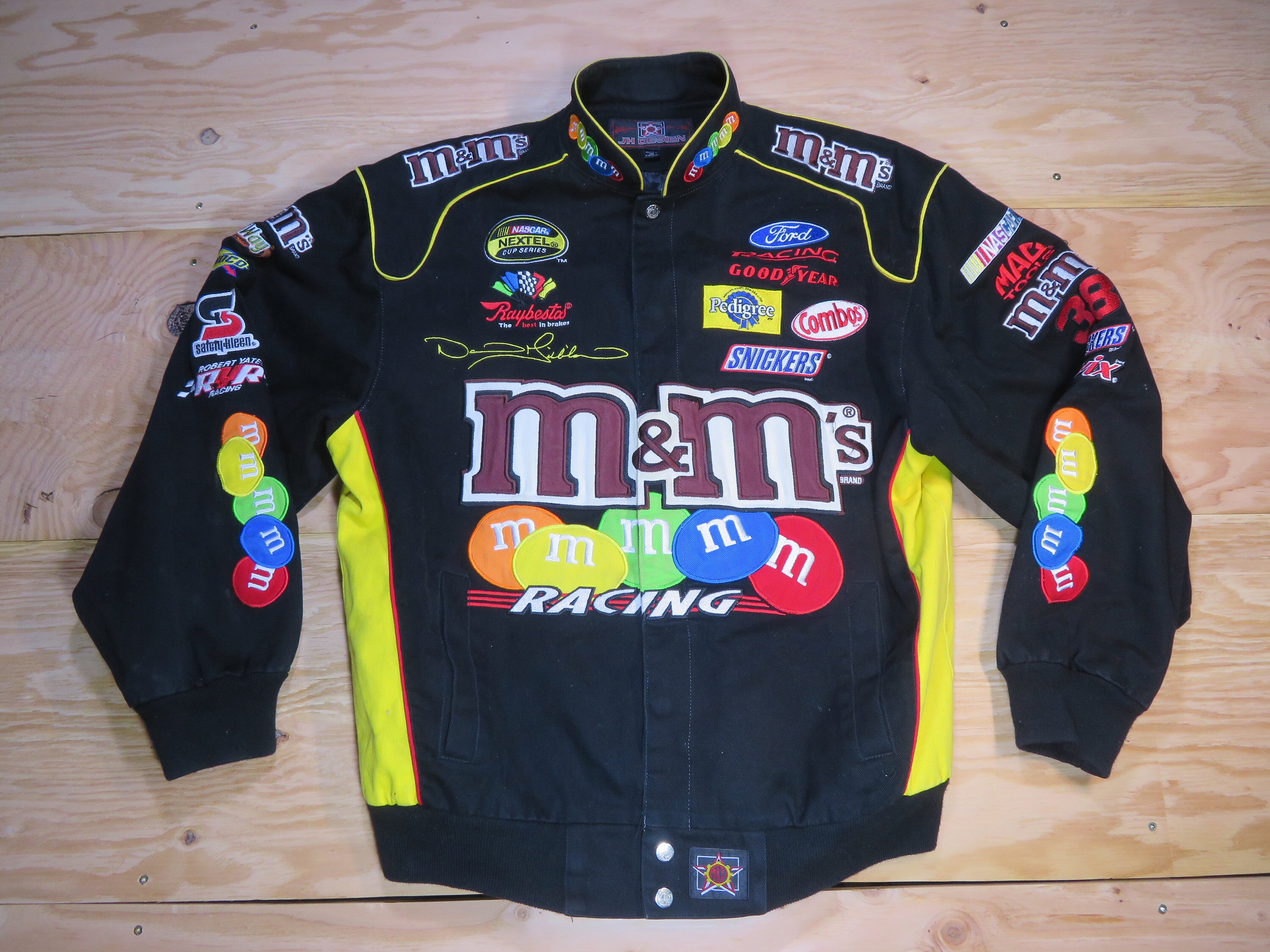 JH Designs M&M Nascar Black Colorful Jacket Sz M Jeff Hamilton 