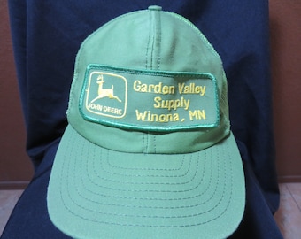 Vintage John Deere Tucker Hat Cap Louisville MFG Co Garden Valley Supply of Winona MN Mesh Green Yellow Made in USA Adjustable Snap Back