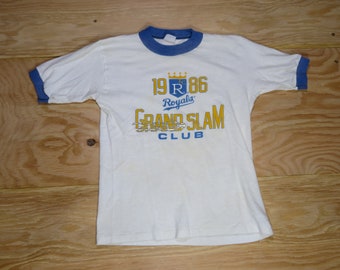 Camiseta vintage de los Kansas City Royals, blanca y azul, con ribetes, para niños y jóvenes, tallas S-M. Grand Slam Club.