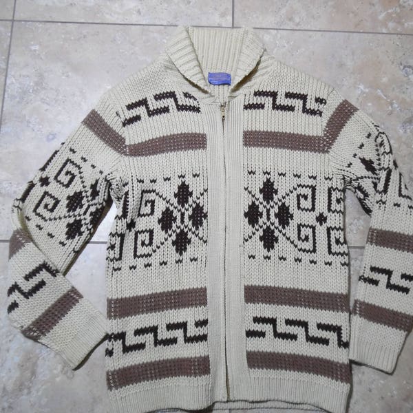 VTG Pendleton BIG LEBOWSKI Dude Cardigan Sweater Cowichan Style Shawl Collar Wool Tan Brown Men's Size M