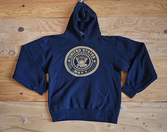 Vintage USN Navy Blue Gold Spellout Double Sided Graphic Sweatshirt Hoodie Sz S Soffe Made in USA us