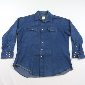 Wrangler Denim Shirt, Pearl Snap Dark Blue Wash Western Cowboy Sz 17.5-35 Y2K