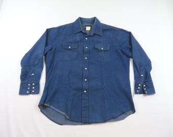 Vtg 70s Wrangler Sanforized Blue Denim Western Shirt Cowboy USA