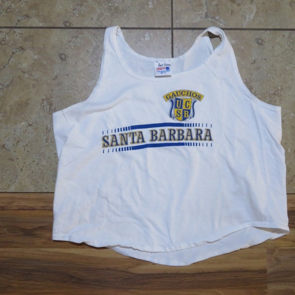 Vintage Santa Barbara Gauchos Cut-Away Tank Top Athletic Crop White Blue Gold Famous Sportswear Brand Made in USA Sz XL