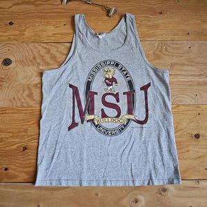 Vintage 90s Mississippi State University Tank Top Shirt Bulldogs Gray Burgundy Red Sz XL Red Oak Brand MSU Made In USA