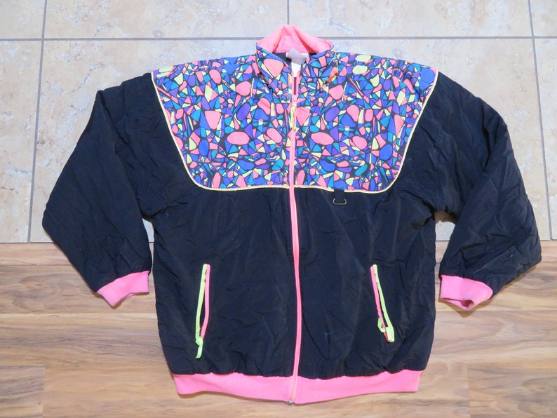 Vintage Women's Adidas Jacket Black Neon Pink Yellow Purple Green Blue Fleece Lined Zip Up Sz M image 1