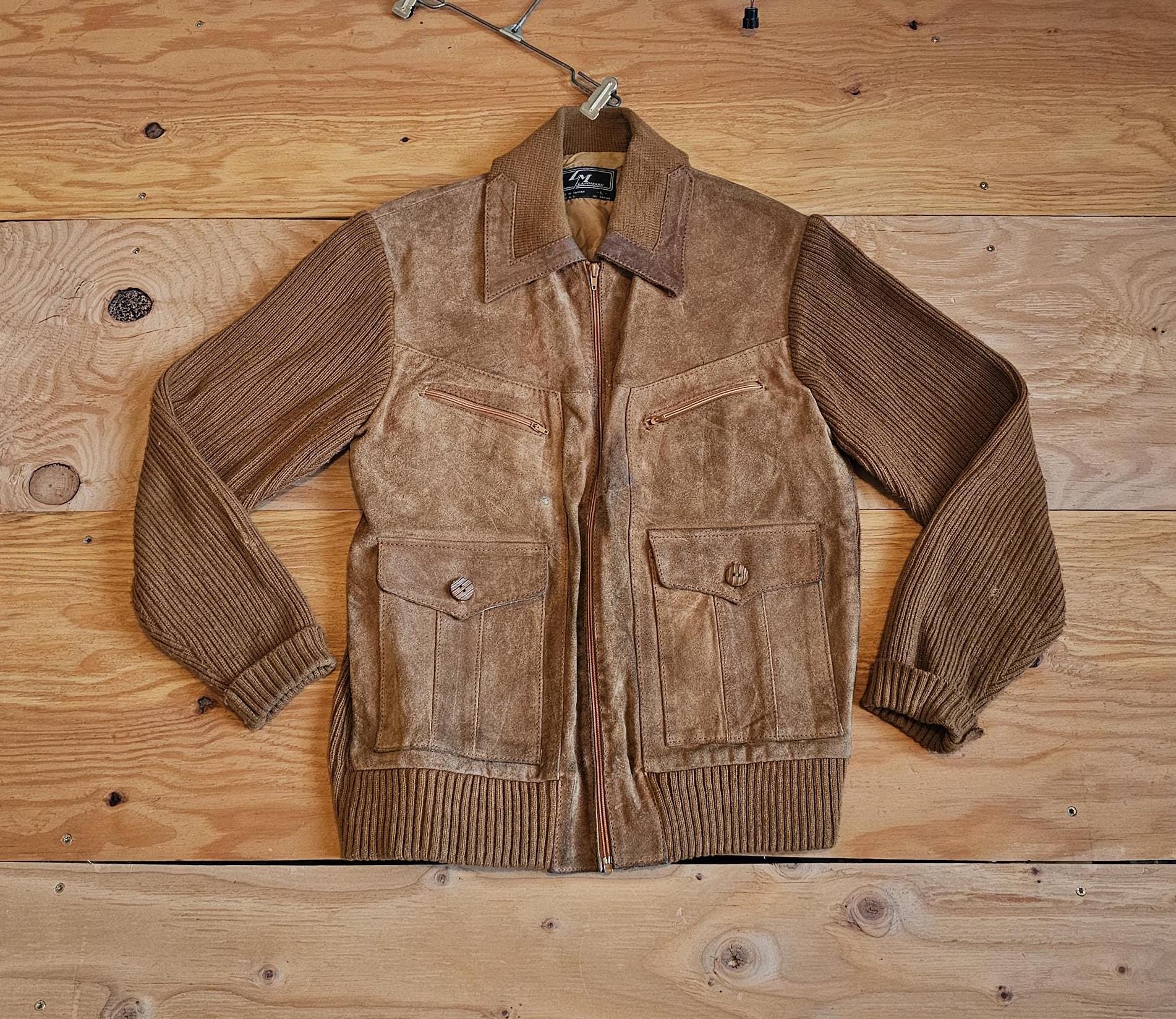 ジャケット・アウター leather knit jacket 80's~ old Italy Vintage 80s Landmark Leather and Knit Sweater Jacket Full Zip